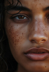 A captivating close-up of a woman's face, her gaze intense and freckles prominent, radiating natural beauty and individuality.