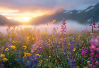 The setting sun bathes an alpine meadow in warm light, highlighting the delicate blooms and the silhouettes of distant mountains enveloped in mist. - obrazy, fototapety, plakaty