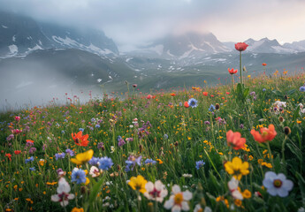 A serene alpine landscape shrouded in fog, with a vibrant tapestry of wildflowers in the foreground, and majestic snow-capped mountains looming in the distance.