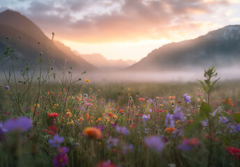Naklejka premium As the day breaks, a luminous sunrise bathes a hillside blanketed in colorful wildflowers, with the morning mist adding a touch of magic.