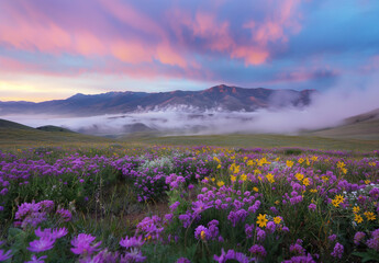 A breathtaking view of a mountain meadow blanketed in wildflowers, with rolling clouds and the vibrant hues of sunset painting the sky.