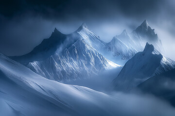 Fototapeta na wymiar Majestic mountain peaks soar into a misty sky, creating an enigmatic and otherworldly alpine landscape, bathed in ethereal blue tones.