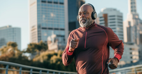 An active senior man in sportswear focuses on his city run, enjoying his favorite tunes on headphones, blending fitness and leisure in an urban setting.