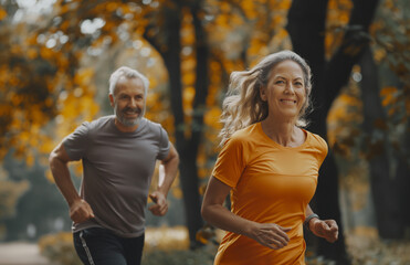 An active senior couple enjoys a healthy lifestyle, jogging together among the vibrant autumn leaves, with joyful expressions and a dynamic stride.
