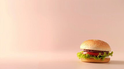 Appetizing burger with meat cutlet and fresh vegetables on a light background. Space for text.