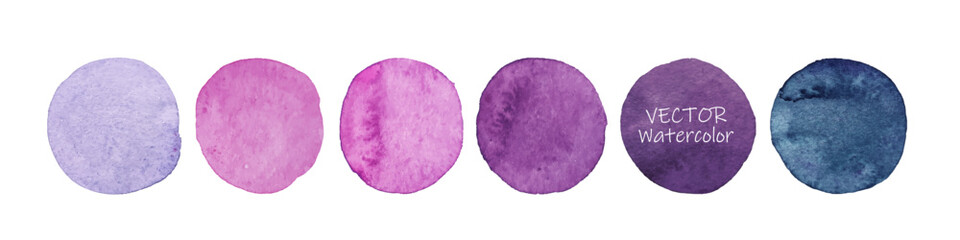 Set of lilac watercolor dots. Hand painted Spots on a white background. Round, circle. Isolated. Blobs of different color. Abstract artistic backgrounds. Watercolor palette with pastel colors. 