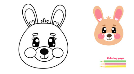  Cute kawaii outline easter bunny face, head. Coloring page illustration for happy kids. Rabbit, hare animal in line drawing for printable children's and adults coloring page or book