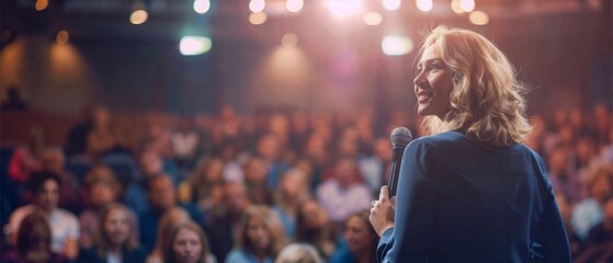 Confident Businesswoman Delivering Inspirational Speech at Professional Conference Event