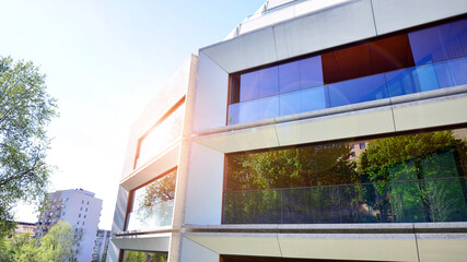 Eco architecture. Green tree and new residential building. Harmony of nature and modernity. Modern...