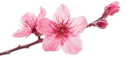 Close-up view of a fragile, vivid pink cherry blossom against a white backdrop.