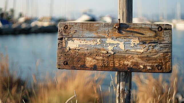 Blank mockup of a rugged marina sign made of driftwood and featuring a handpainted design. .