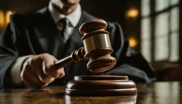 Judge slamming the Gavel - Making Judgement - Ending the Court Process - Judge sitting at Courtroom Table