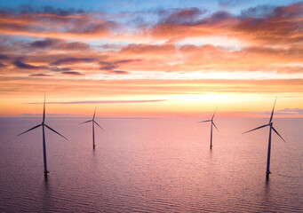 Sunset Over Offshore Wind Farm in the Netherlands