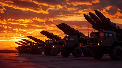 Papier Peint photo Brique a line of military vehicles equipped with missiles, set against a dramatic sunset or sunrise.