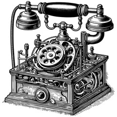 An old landline telephone, complex mechanism. Sketch board imitation. Raster, generative ai.