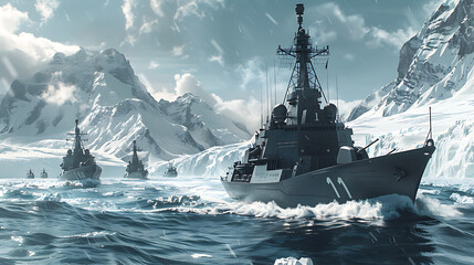 a fleet of modern naval warships navigating through icy waters.