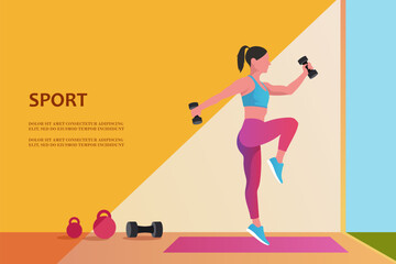 Girl goes in for sports. Exercise with dumbbells. Fitness and weight loss. Template for banner, business card, landing page, presentation. Vector illustration. - 787528363