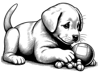 Puppy plays with a toy. Hand drawn engraving style illustration. Sketch raster, generative ai.