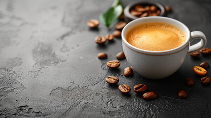 Hot espresso in a white cup with coffee beans on a gray surface.