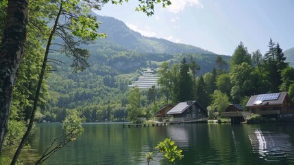 Fototapeta premium A peaceful lakeside scene bathed in sunshine surrounded by towering trees. But as the eye travels up the mountain in the background it reveals a trail of solar panels that stretch .