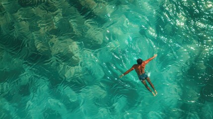 Serene Aerial View of a Man Swimming in Crystal Clear Turquoise Water