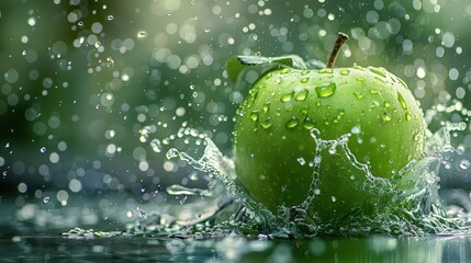 Green apple with drops of water on a wet background. Shallow depth of field