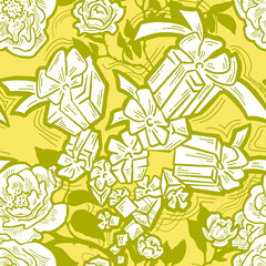 Gift box, ribbon and flowers seamless pattern for wrapping present with bow, party celebration, sale promotion, Textile print, fabric design, banner background. Hand drawn illustration cartoon style.