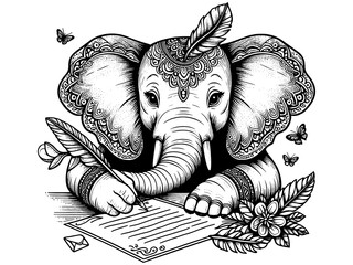 Indian elephant writes a letter. Raster, generative ai. Coloring book adults and children