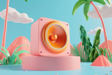 pink speaker in tropical setting for vibrant music and audio themes, three dimensional