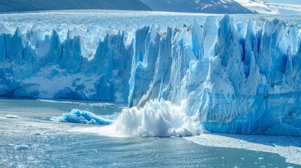 Closeup of a melting glacier symbolizing the connections between melting ice caps and rising sea levels caused by climate change and the potential for the spread of waterborne diseases . - obrazy, fototapety, plakaty