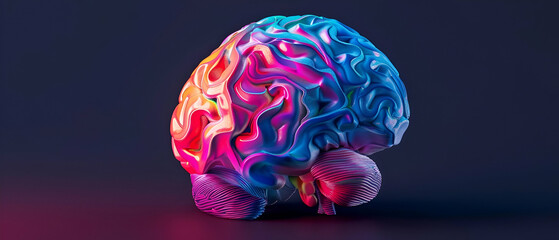 anatomic brain, perfectly designed 3D, solid, pink and blue tones, vivid rainbow colours, plain black background - obrazy, fototapety, plakaty