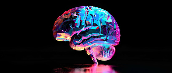 anatomic brain, perfectly designed 3D, solid, pink and blue tones, vivid rainbow colours, plain black background - obrazy, fototapety, plakaty