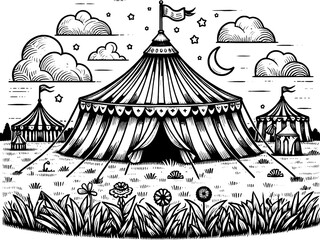 Vintage circus tent in field among nature. Raster, generative ai. Coloring book adults and children