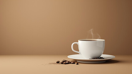 Minimalistic composition with hot coffee on a plain background.  White cup of coffee with steam on a warm beige background.