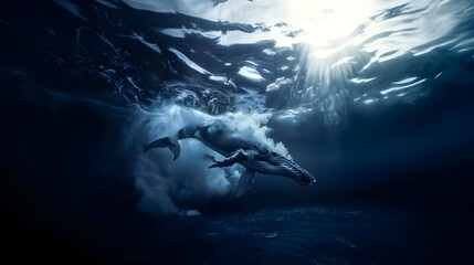 Naklejka premium Blue Whale Diving Back Down Into Ocean Depths (Generative AI)