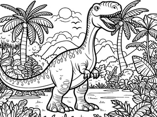 Coloring pages cute tyrannosaurus Dinosaur of meadows, trees and clouds. Raster, generative ai.