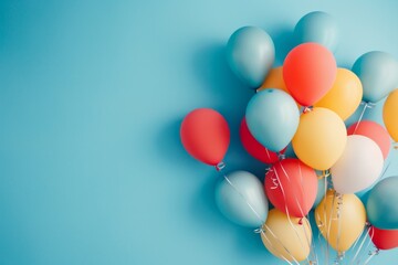 A bunch colorful balloons on blue background, closeup view Web banner with copyspace Generative AI