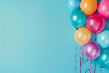 A bunch of colorful balloons on a light blue background, in a closeup view  A web banner with empty space Generative AI