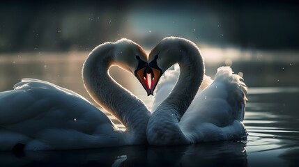 Romantic White Swans Forming A Heart On A Lake Closeup (Generative AI)