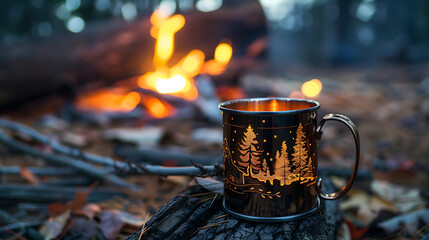 Focus: A metal mug with an intricate design rests on a wooden log. The mug features an artistic engraving of trees and a cabin, illuminated by the warm glow of the campfire