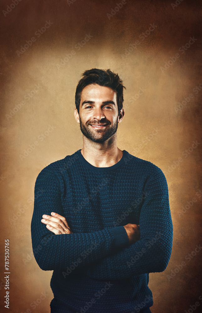 Poster face, man and smile in studio for confidence for modeling, designer brand and hipster style. handsom