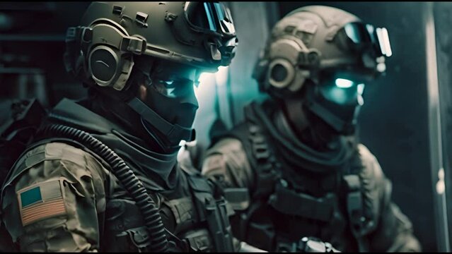 Group of security forces in Combat Uniforms with rifles, lined in the face of danger. Facing enemy, they stand boldly and ready to protect the nation. 