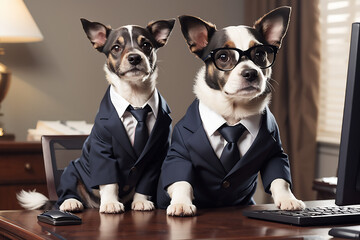 A cute dog working hard in a suit.