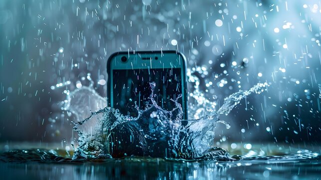 Cell Phone Dropped In Splashing Body Of Water (Generative AI)