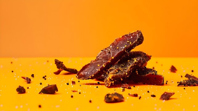South African Peri Peri Biltong On Bright Orange Background (Generative AI)