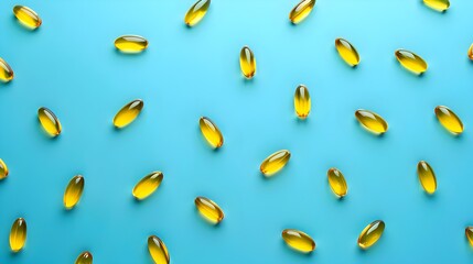 Clear Oil Softgel Vitamin Pills On Simple Blue Minimalist Background (Generative AI)