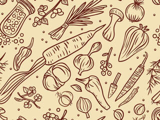 Set of spices, seamless pattern. Faded vintage color. Sketch board imitation. Raster, generative ai.