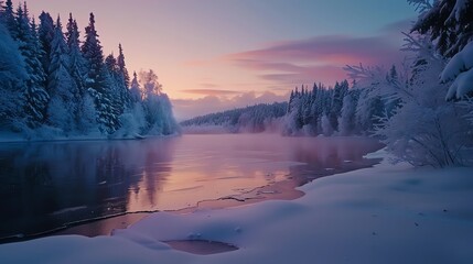 a frozen lake surrounded by snow-covered pines during a serene winter sunrise, reflecting soft hues...