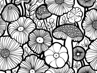 Floral pattern coloring page adults and children. Printable black and white. Raster, generative ai.