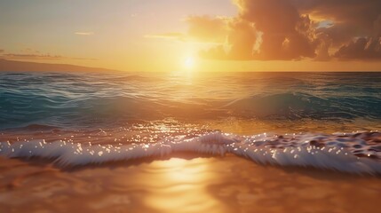 Obraz premium summer beach scene with crystal clear waters, golden sands, and a brilliant sunset in the backdrop, perfect for vacation themes